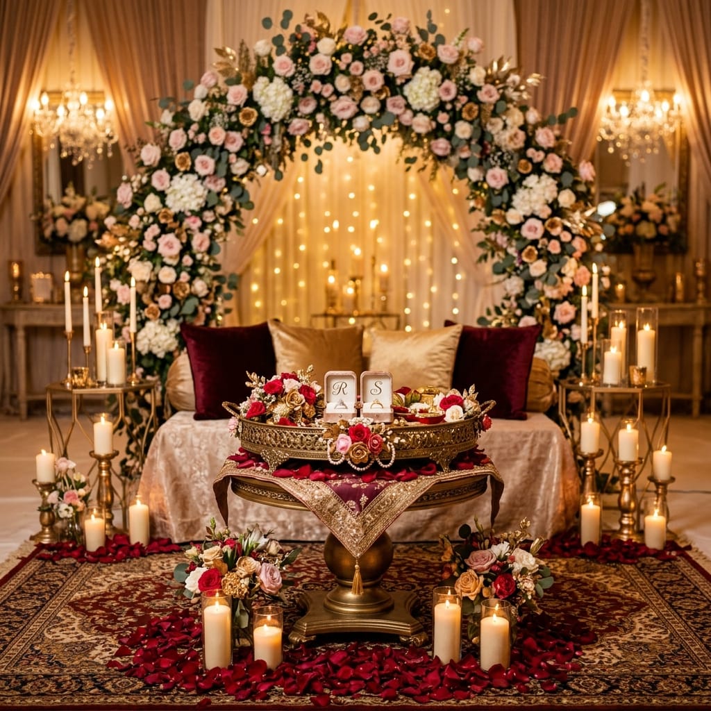 Elegant Nischitartham engagement stage decoration with floral arch in Tenali