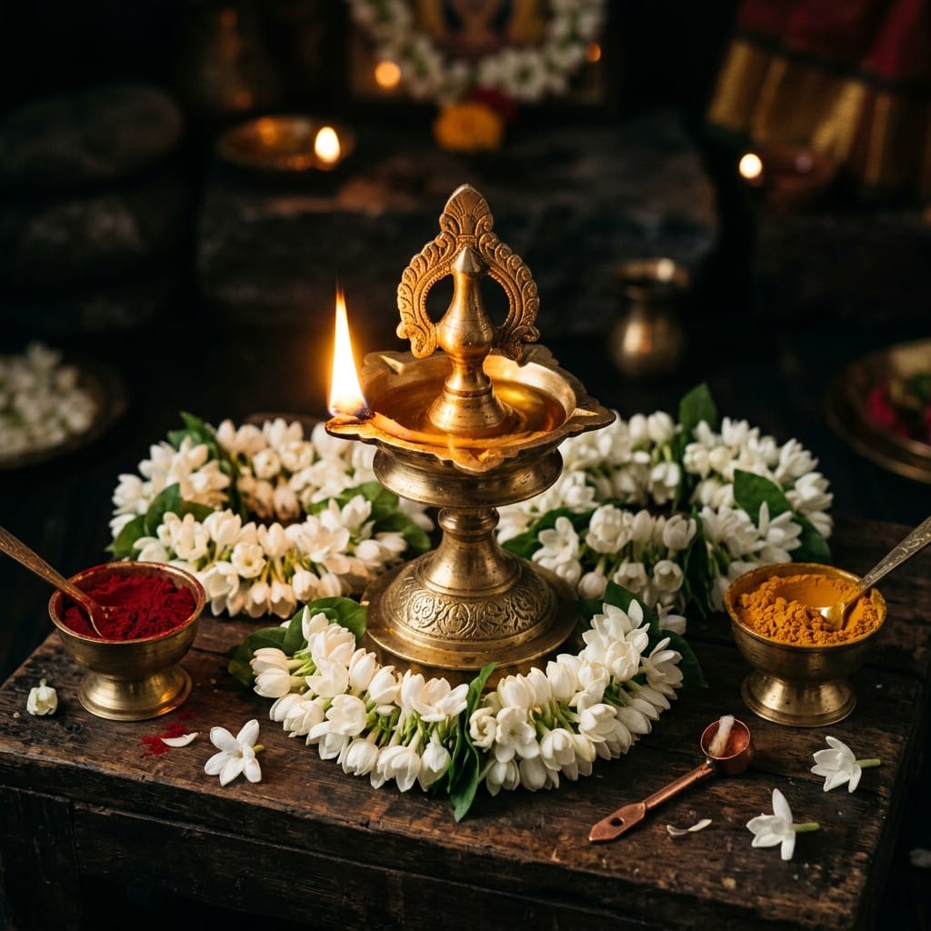 Sacred Mangala Snanam ritual decoration with brass lamps and jasmine flowers in Tenali