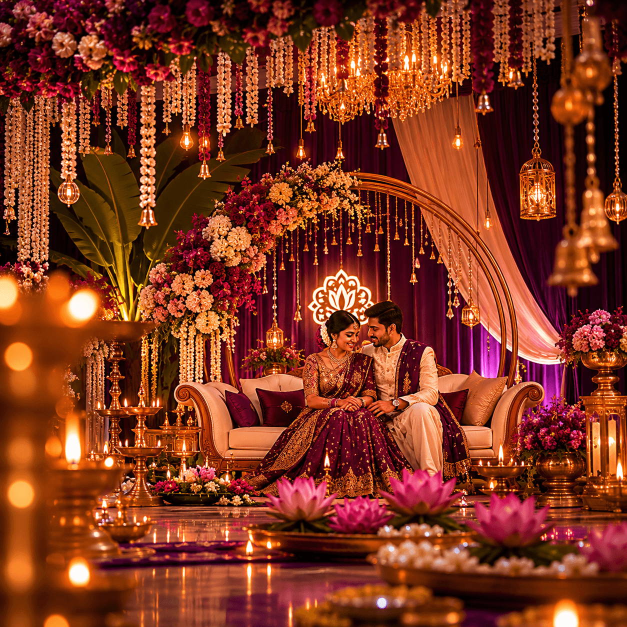 Elegant Nischitartham engagement ceremony stage decoration with floral arch in Tenali