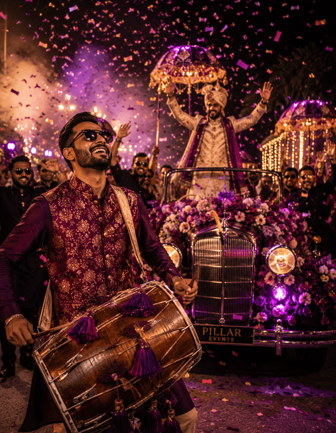 Energetic wedding roadshow with dhol, lights, and procession through Tenali streets