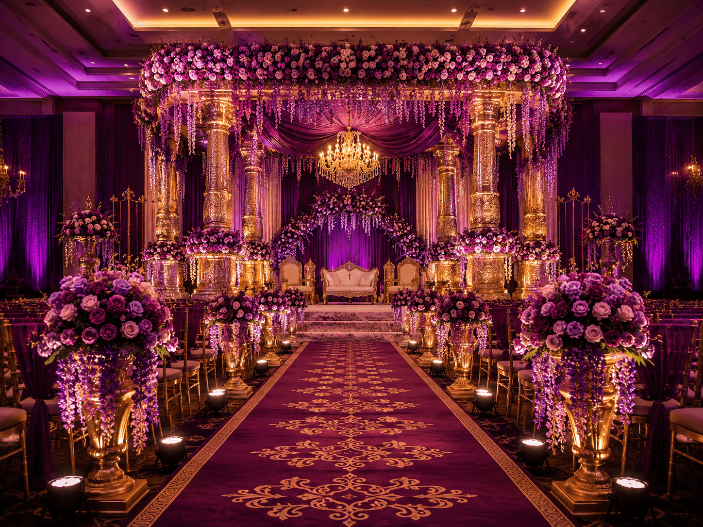 Grand Telugu wedding mandap with symmetrical floral decoration and center aisle in Tenali by Subhapradham Events