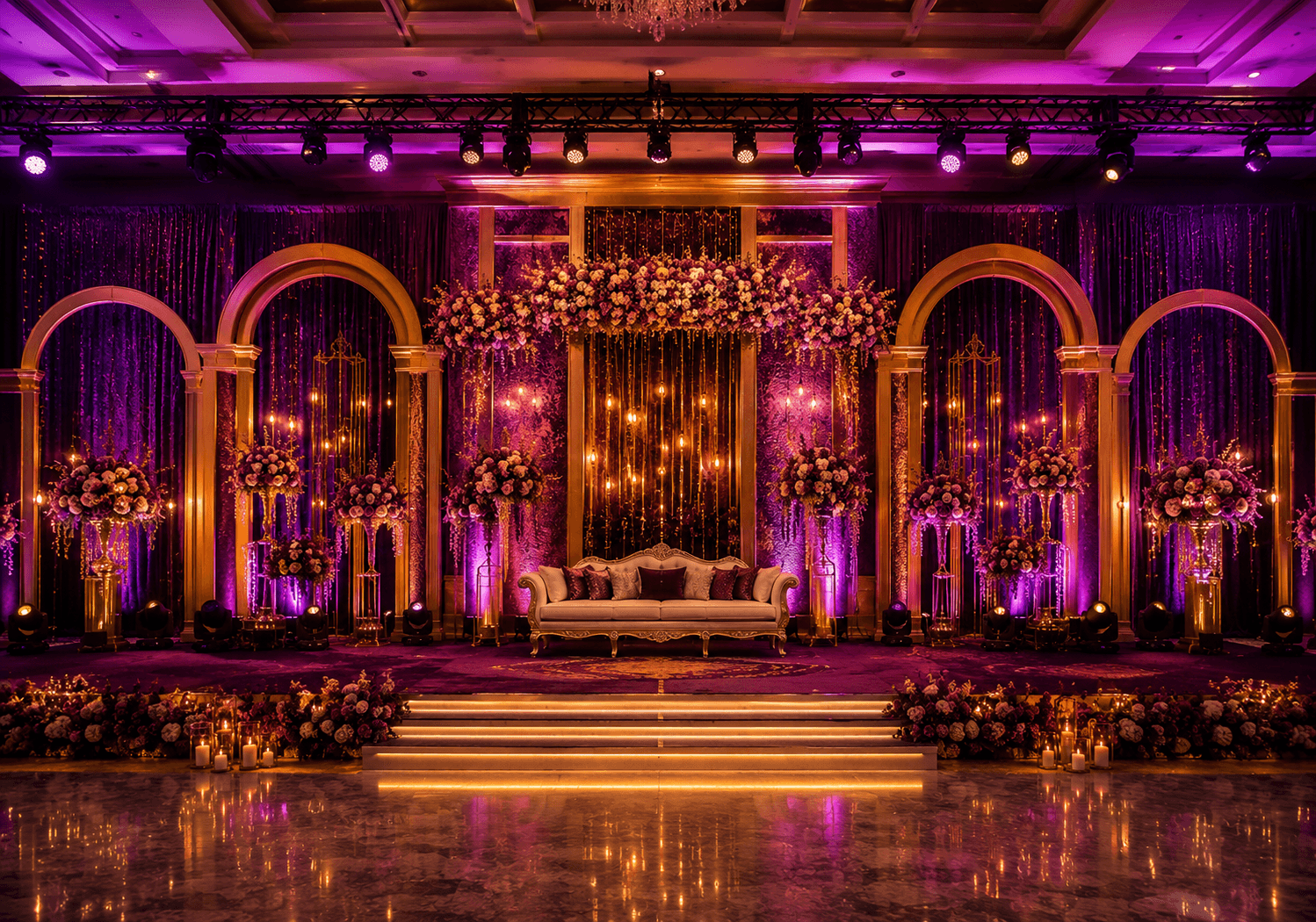 Dramatic wedding stage design with purple and gold uplighting in Tenali