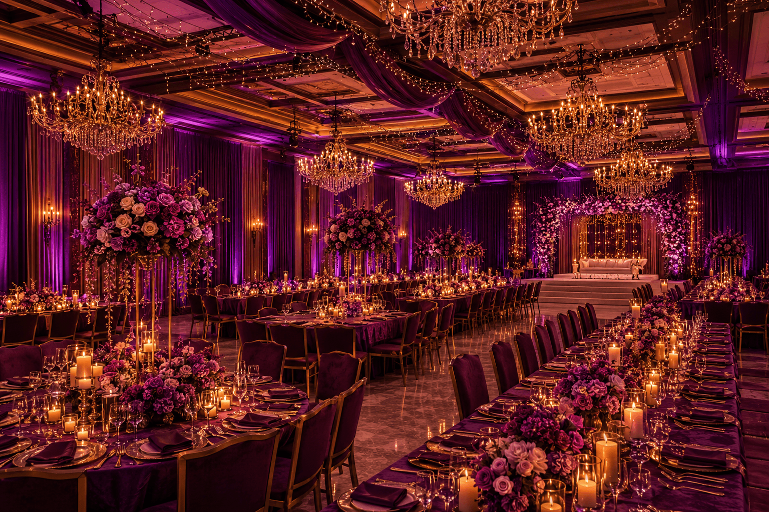 Elegant wedding reception hall with chandeliers, floral centerpieces and dining setup in Tenali