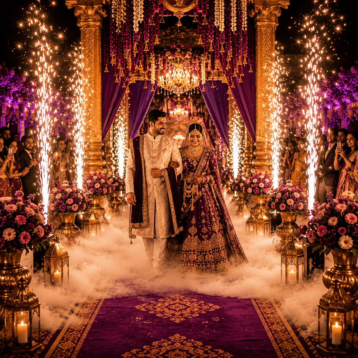 Bride and groom grand entry through cold sparkler pathway with fog effects at Tenali wedding