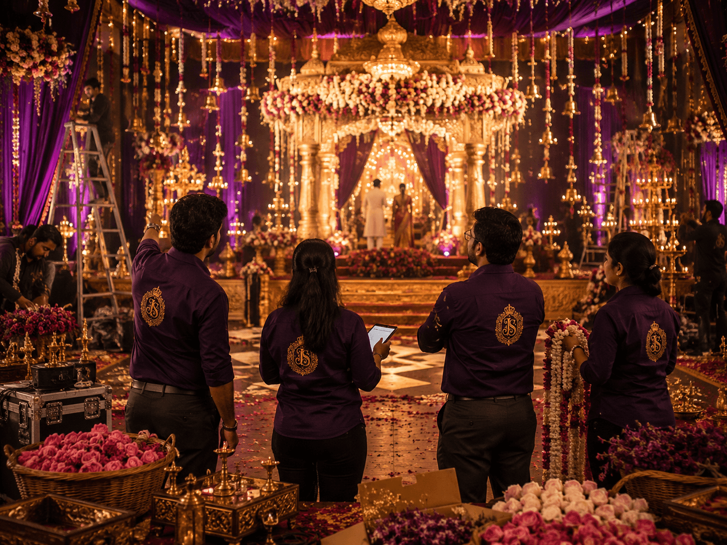 Jahnavi Subhapradham Events team arranging flowers and setting up lights at a wedding venue in Tenali — behind the scenes