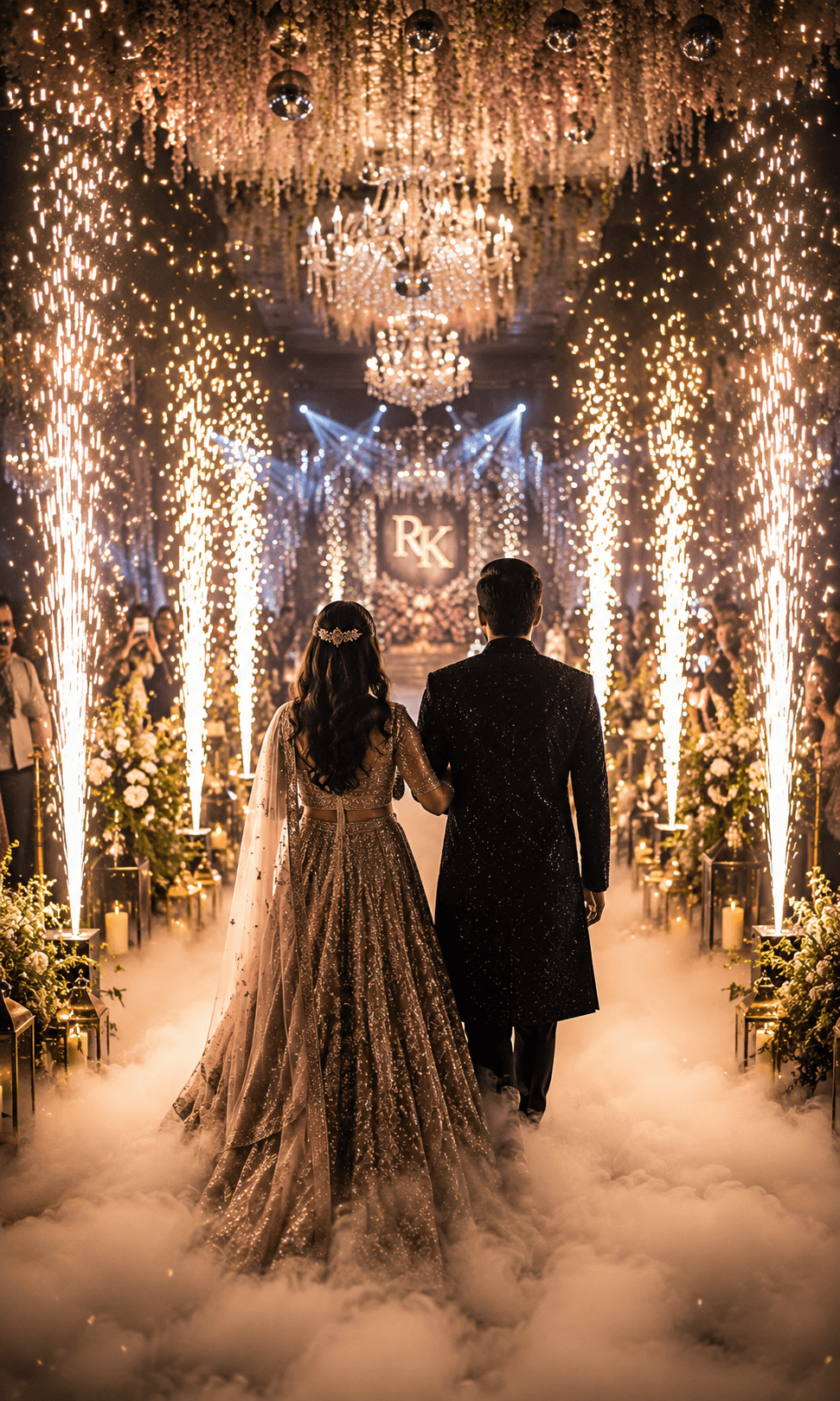 Cinematic bride and groom grand entry with cold sparklers, fog effects, and dramatic lighting at Telugu wedding in Tenali