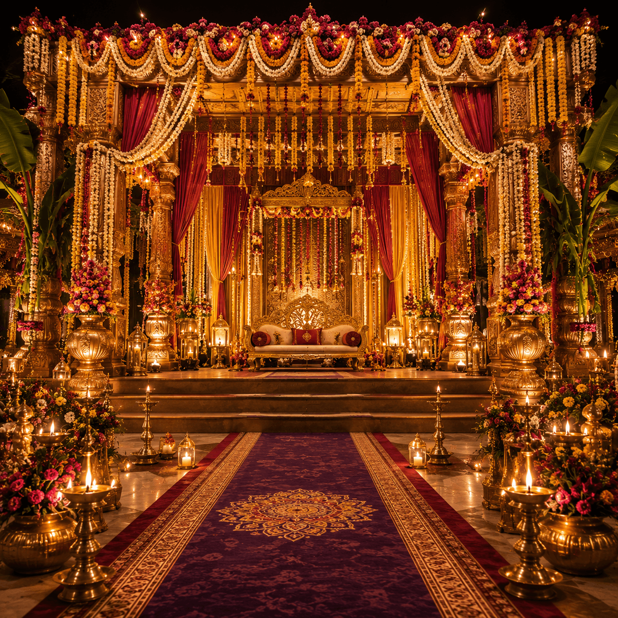Grand Telugu wedding mandap decoration with marigold garlands, golden lights, and silk draping by Jahnavi Subhapradham Events in Tenali