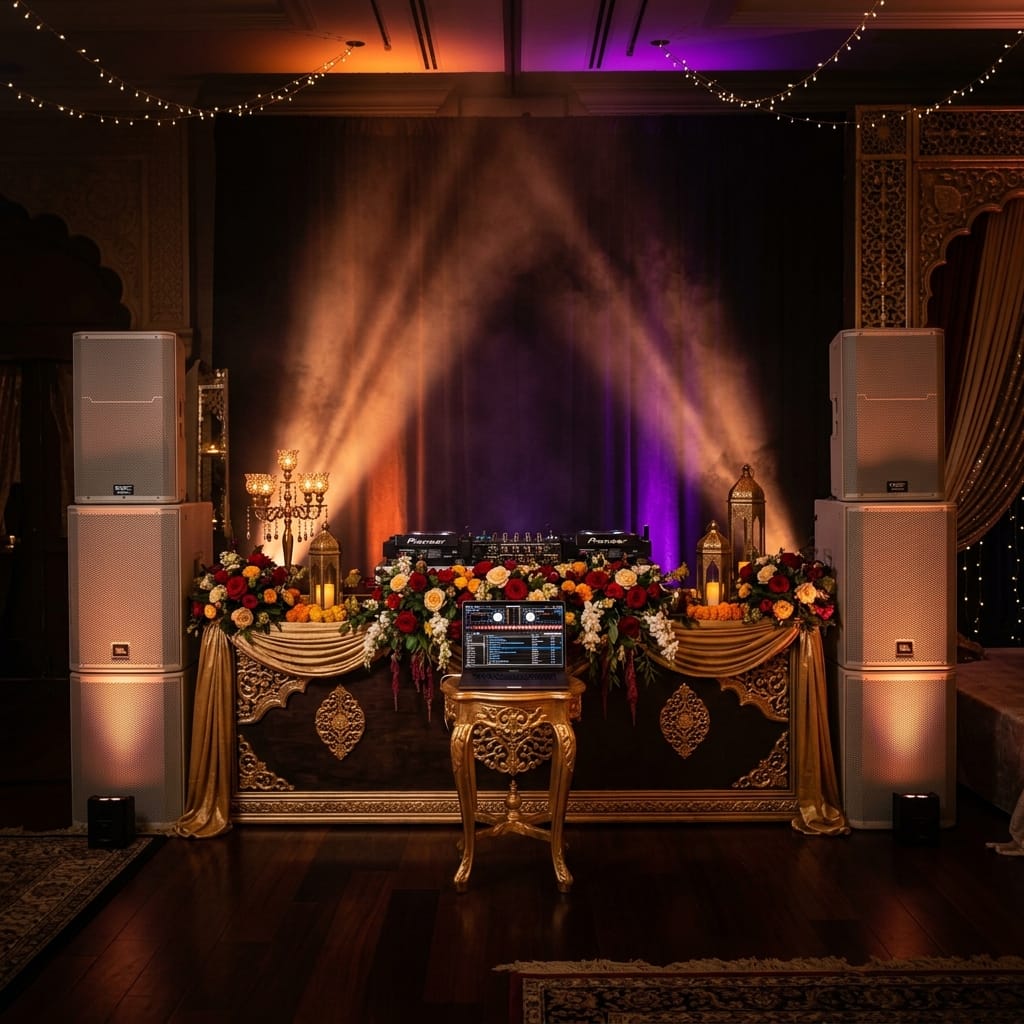 Professional DJ and roadshow setup with premium sound and lighting for wedding in Tenali