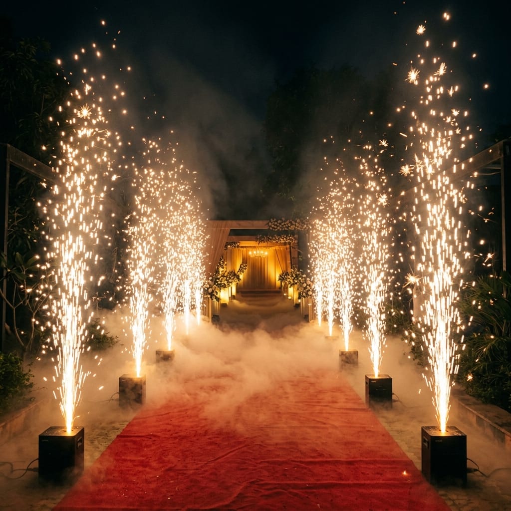 Cinematic bride grand entry with cold sparklers and fog effects at wedding in Tenali